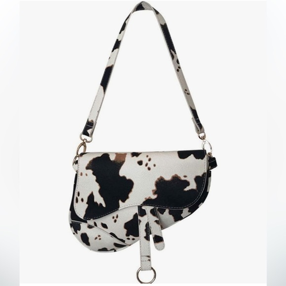 Handbags - Cow print saddle bag in black and white crossbody or shoulder bag